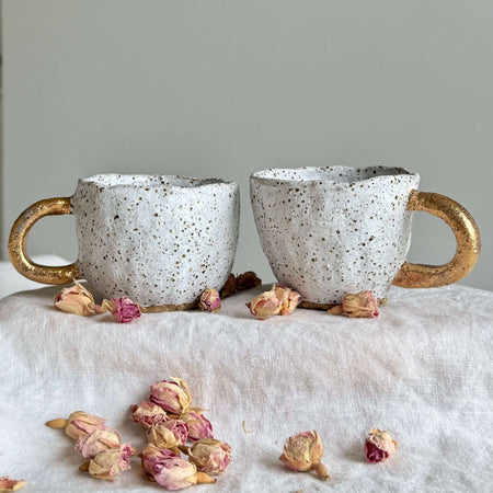 Handmade Ceramic Pinch Pot Cup | White Speckled Mug with Gold Handle | 200ml