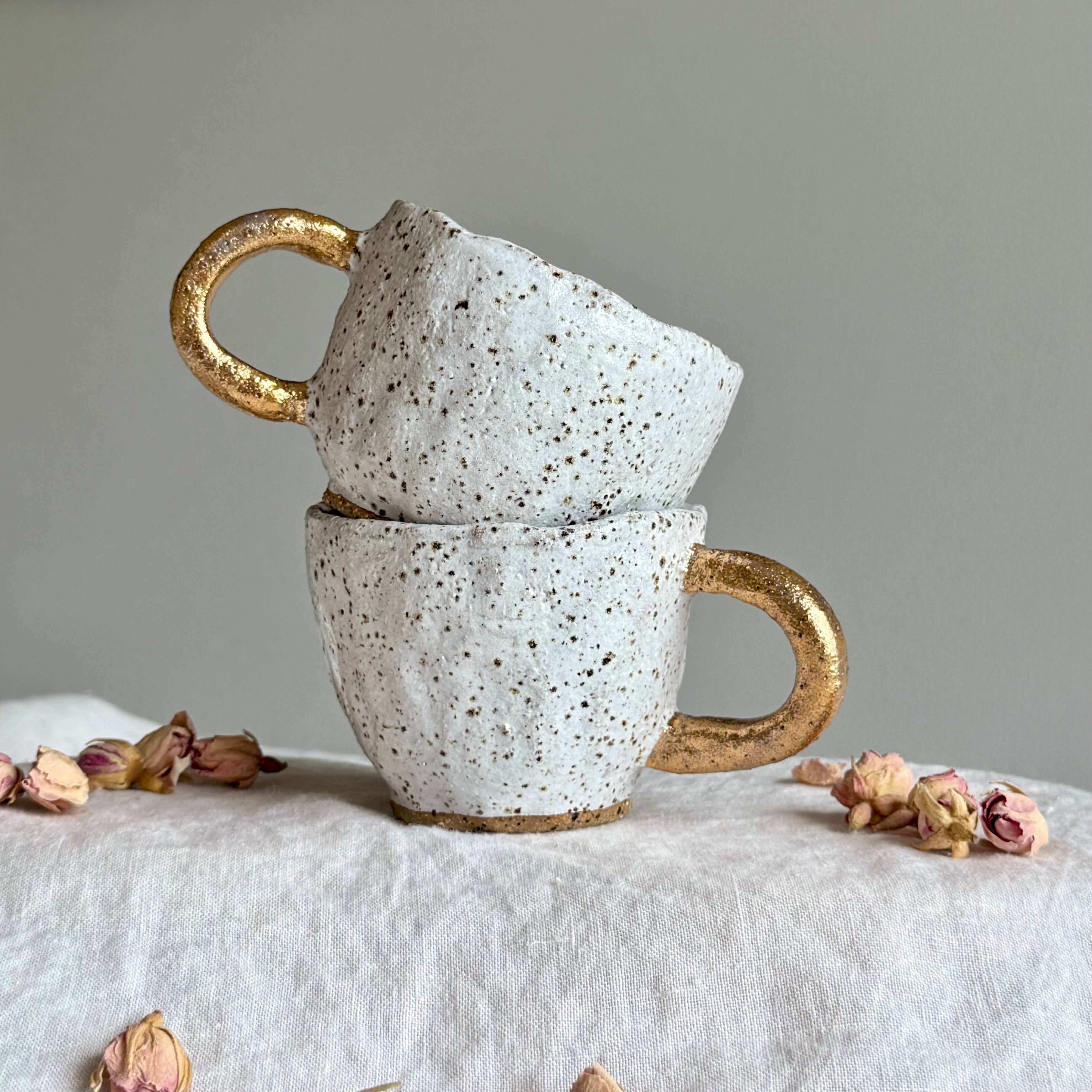 Handmade Ceramic Pinch Pot Cup | White Speckled Mug with Gold Handle | 200ml