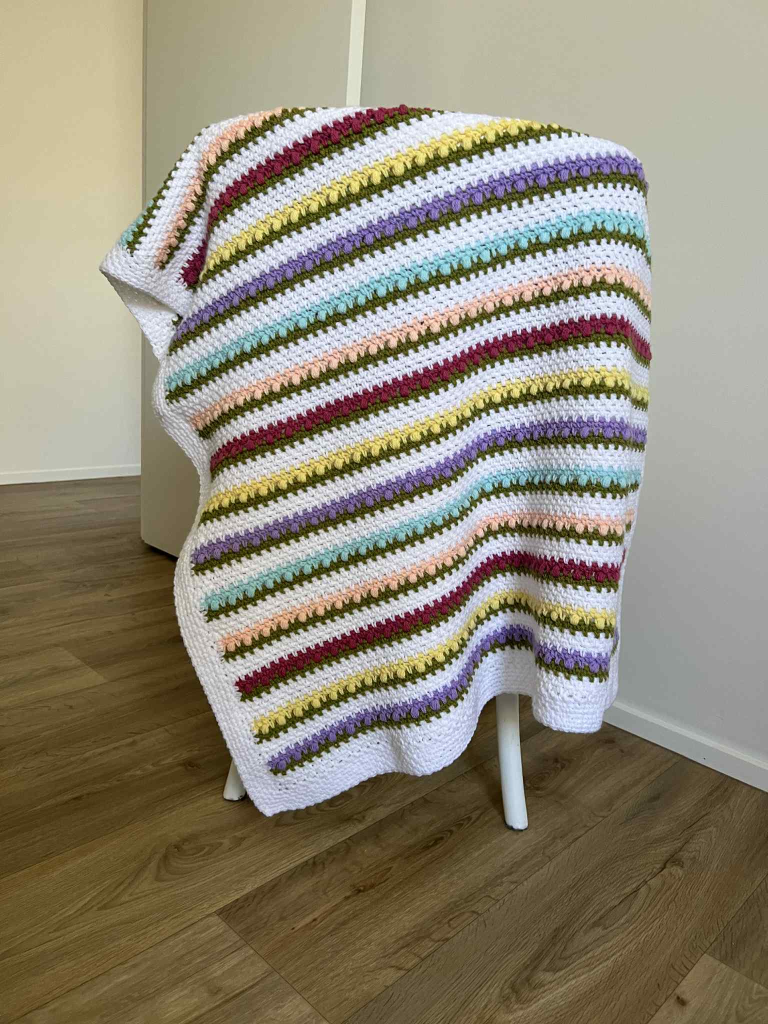 Crochet | Blanket / Throw | Rainbow Flowers & White Stripes