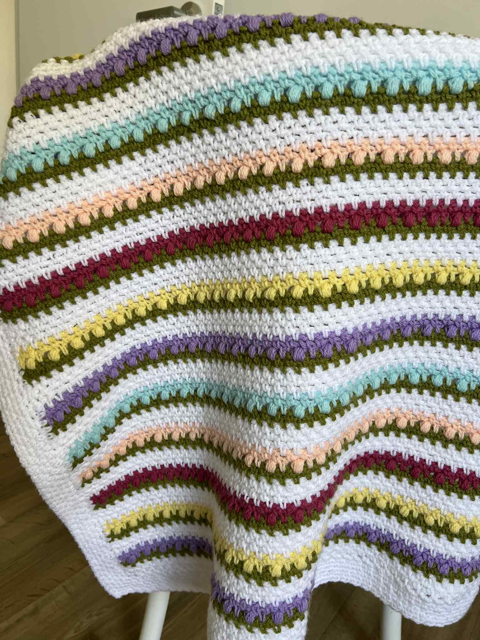 Crochet | Blanket / Throw | Rainbow Flowers & White Stripes