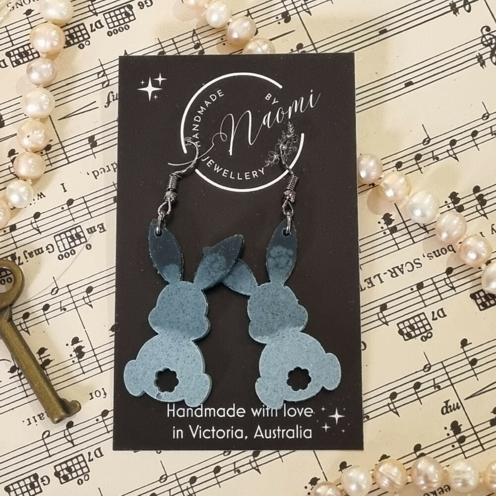 Ombre blue resin rabbit dangle earrings