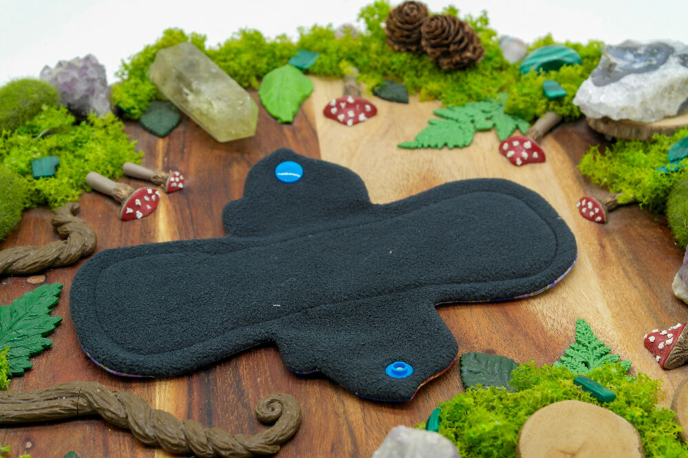 dig the flow reusables reusable cloth pad australian handmade mazmade blue green mushrooms bamboo lycra blue crystals cotton unique one-of-a-kind mishmash menstrual health business - softshell waterproof backer