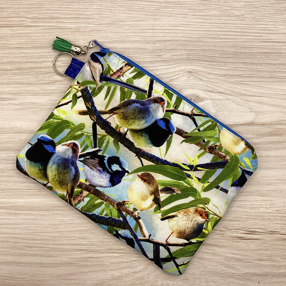 Blue Fairy Wrens Zip Pouch (21cm x 16cm) Fully lined, lightly padded