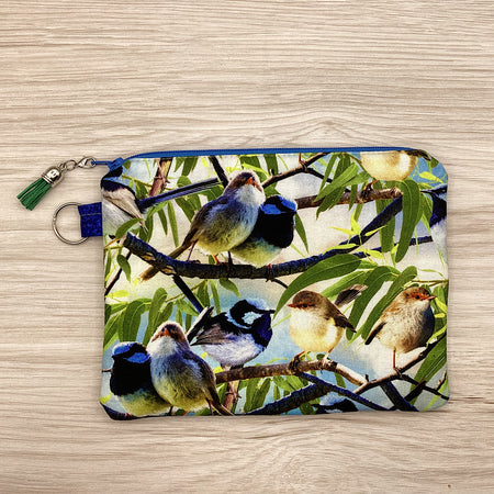 Blue Fairy Wrens Zip Pouch (21cm x 16cm) Fully lined, lightly padded