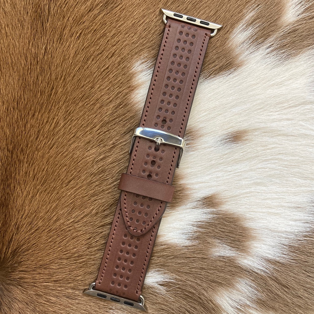 Leather Apple Watch band - brown with detailing.