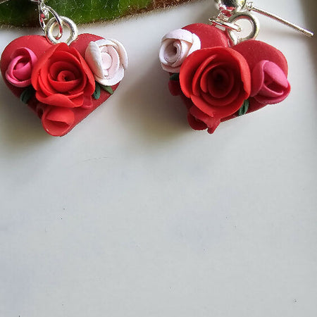 Floral Heart Dangle Earrings.Handmade, sculpted polymer clay wearable art.