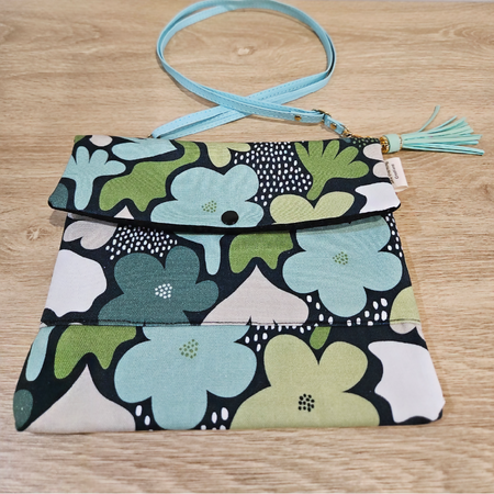 Crossbody Bag - Greens Creams and Black Retro Flower design