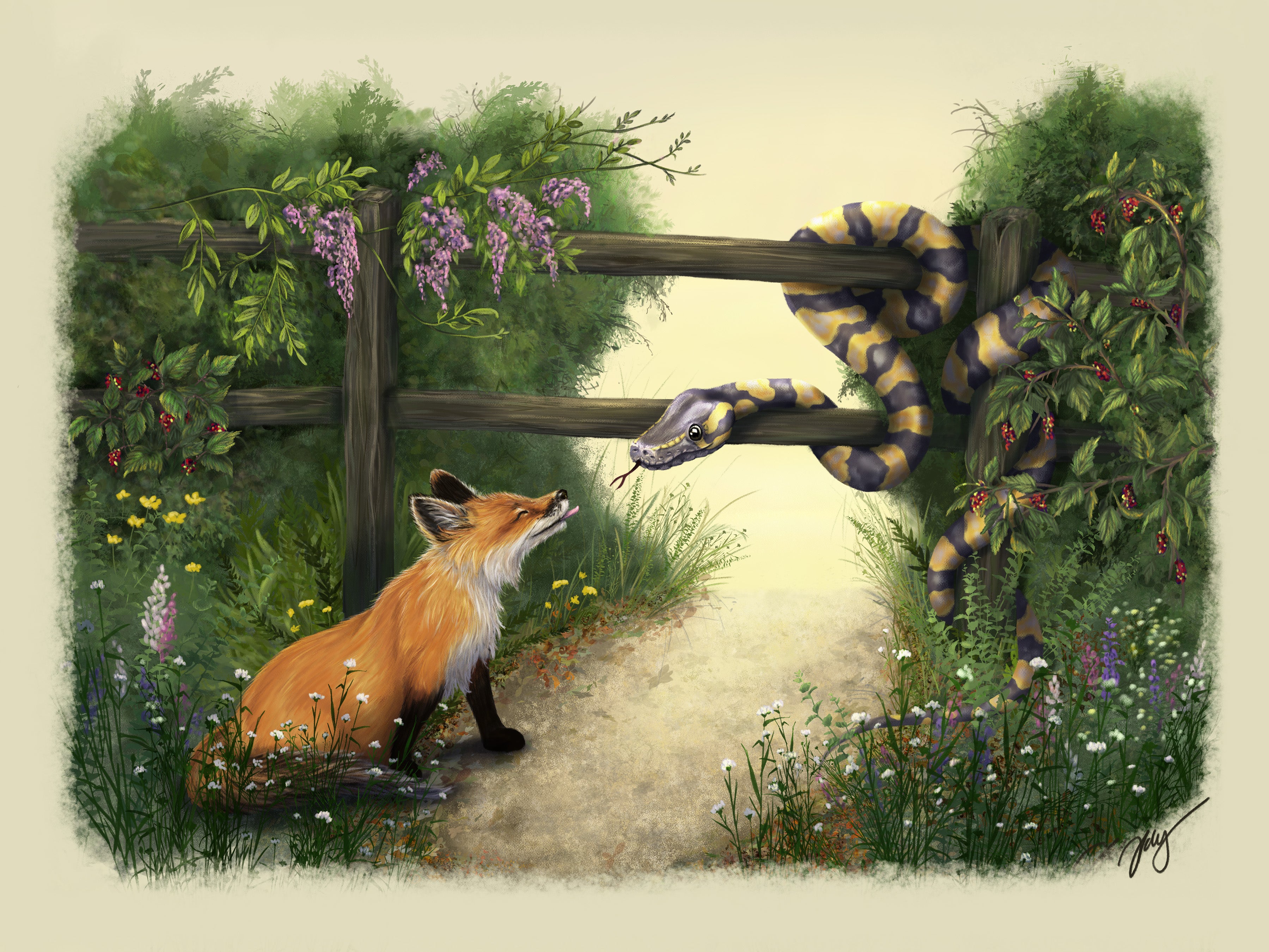 The Fox and the Snake | Storybook Illustration | Wall Art