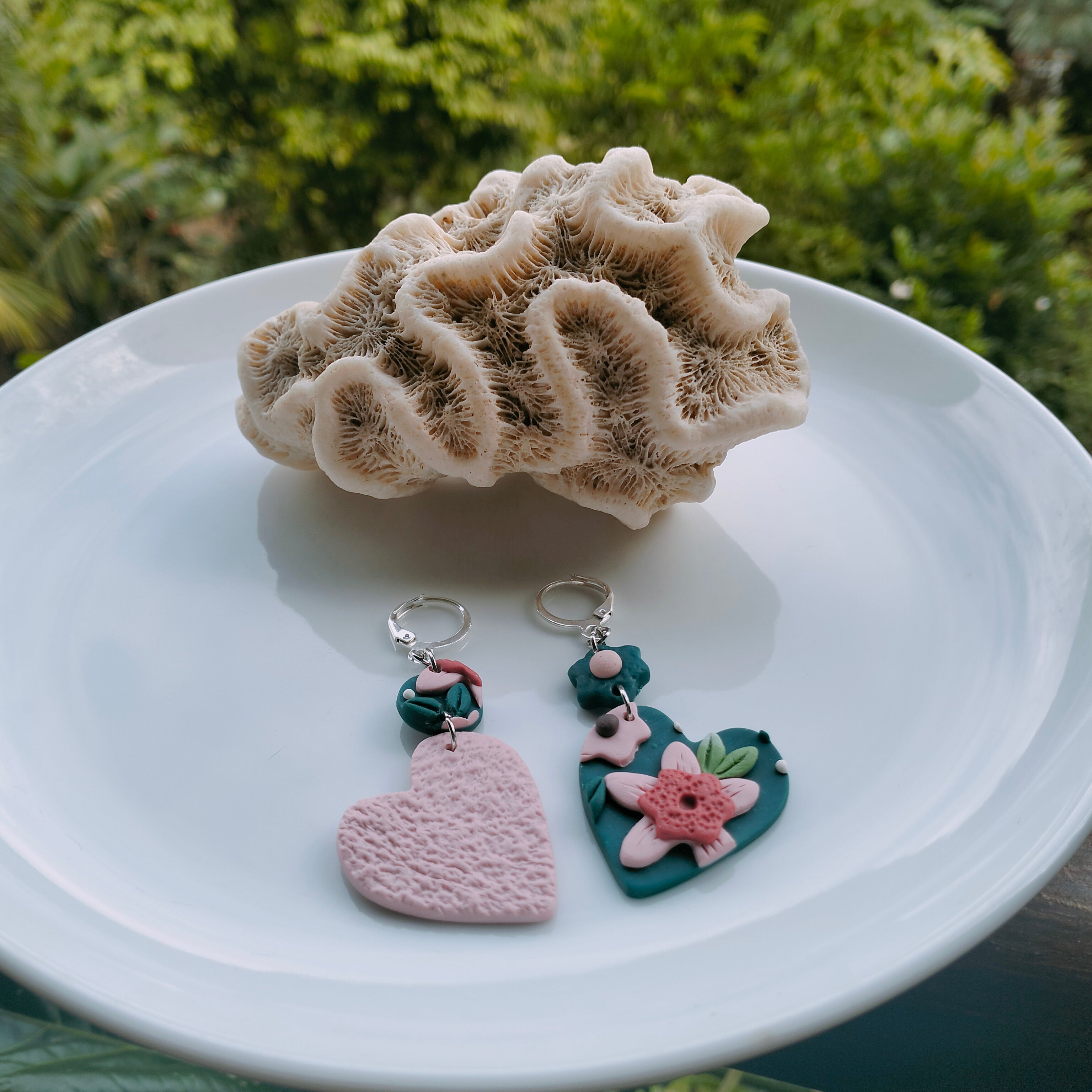 "Heart Frolics" Dangle Earrings - Deep Auqa & Powderpuff