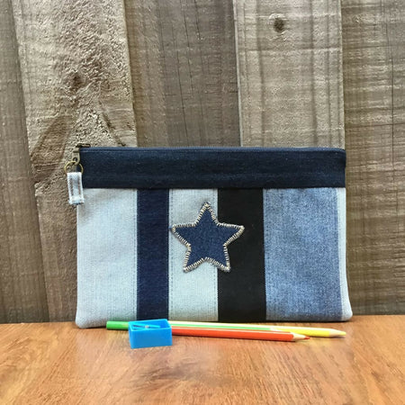 Upcycled Denim Striped Pencil Case - Denim Star