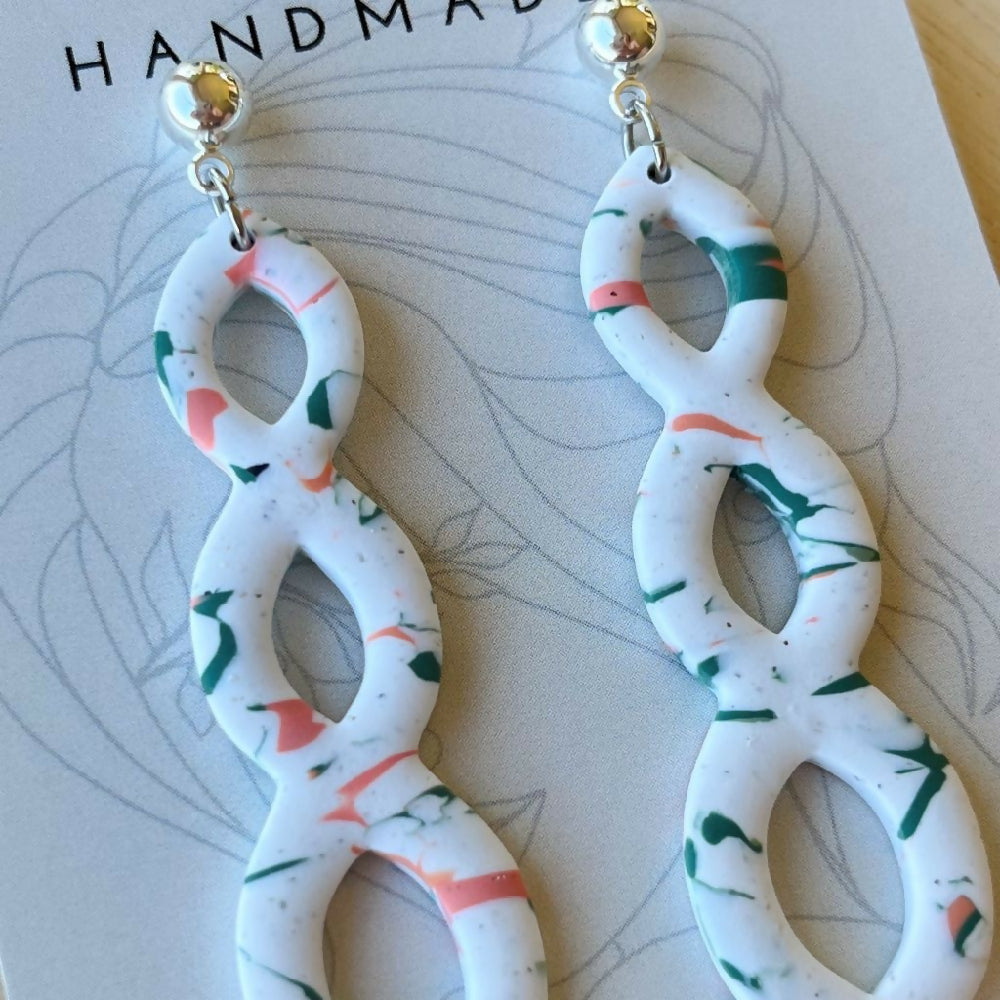 HANNAH ~ Green & Peach Marbled Print ~ Polymer Clay Earrings