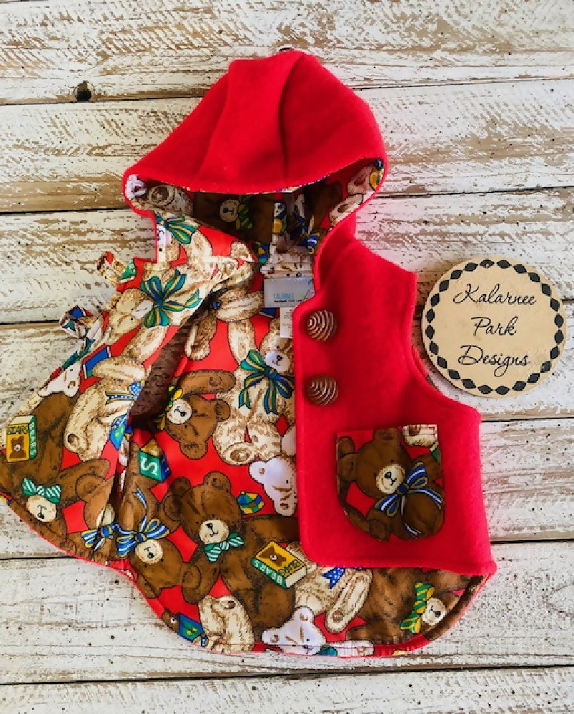 Teddy Bears Vintage Wool Blanket Upcycled Vest Size 9-12mths