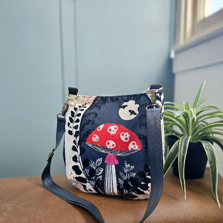 Mushroom crossbody bag. Whimsical. Waxed canvas bag.