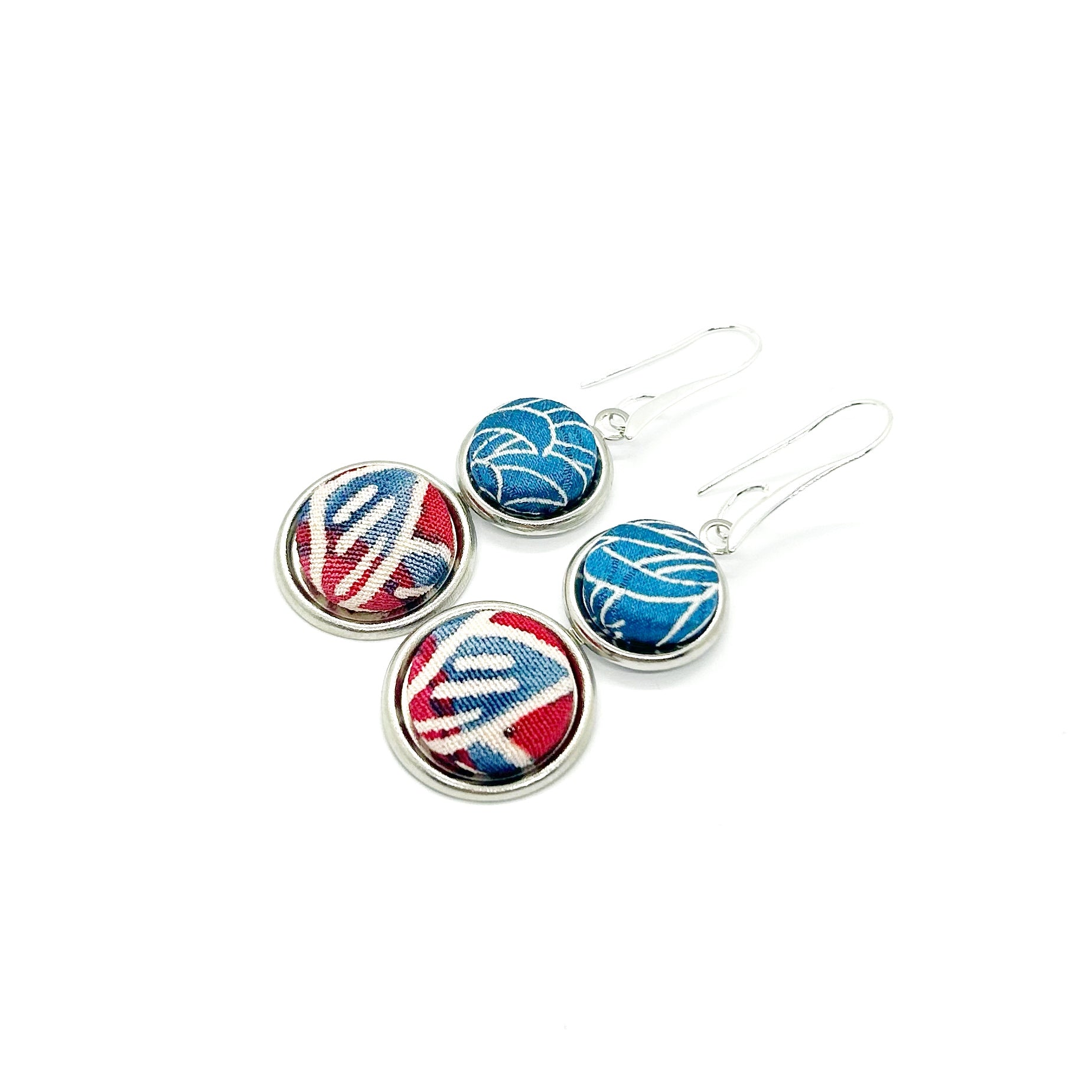 Double Drop Kimono Fabric Button Earrings - Blue Waves
