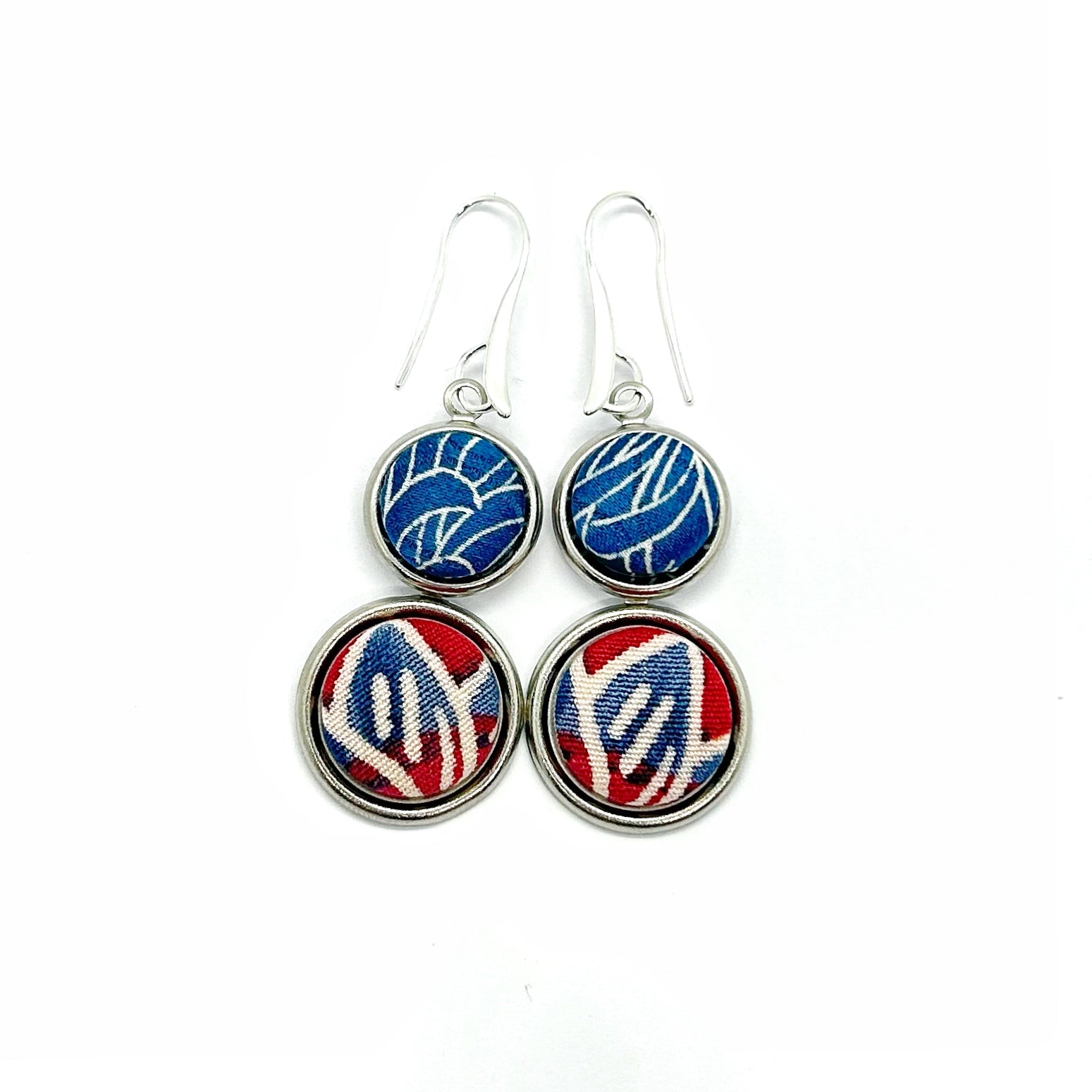 Double Drop Kimono Fabric Button Earrings - Blue Waves