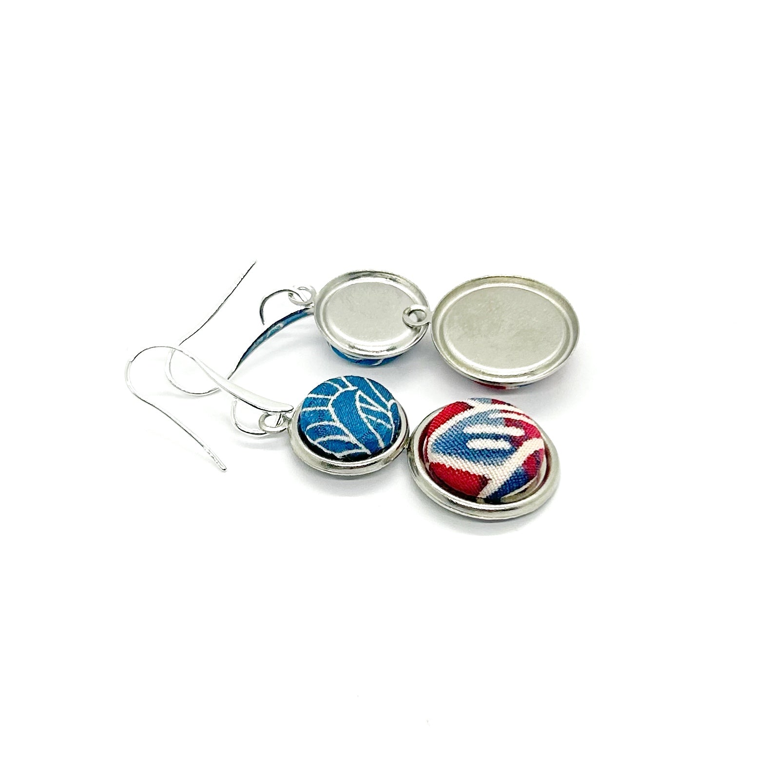 Double Drop Kimono Fabric Button Earrings - Blue Waves