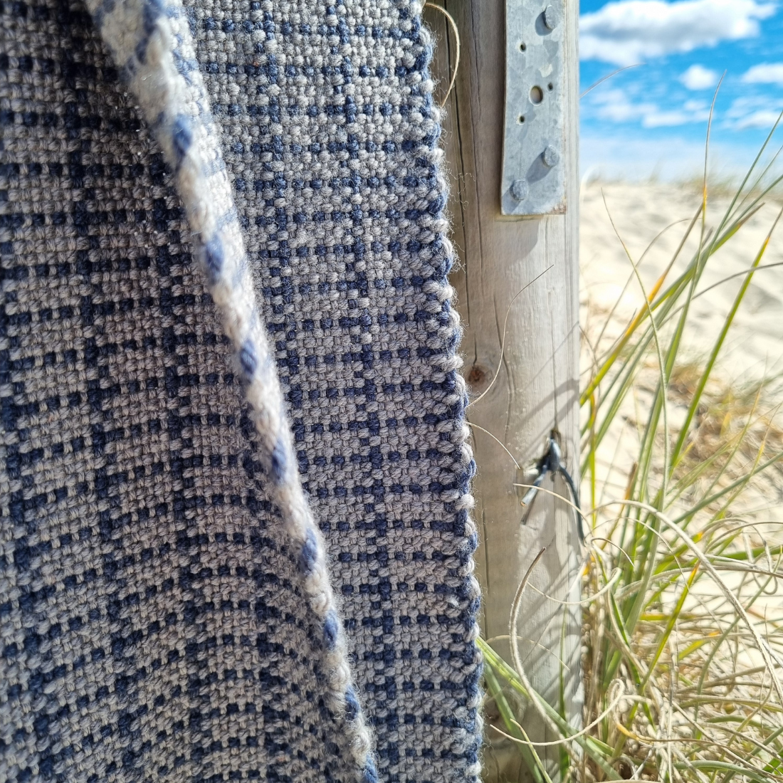 Handwoven merino wool scarf - blue and grey pattern