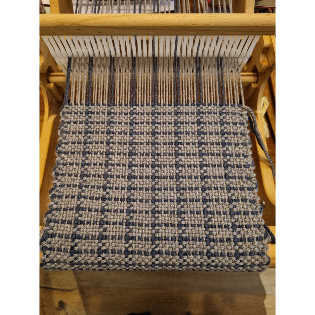 Handwoven merino wool scarf - blue and grey pattern