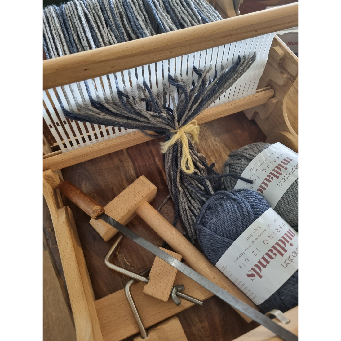 Handwoven merino wool scarf - blue and grey pattern