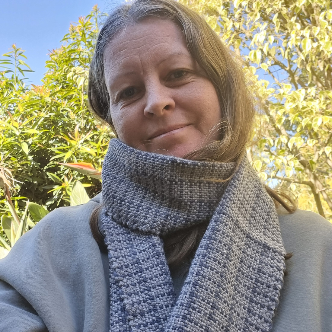 Handwoven merino wool scarf - blue and grey pattern