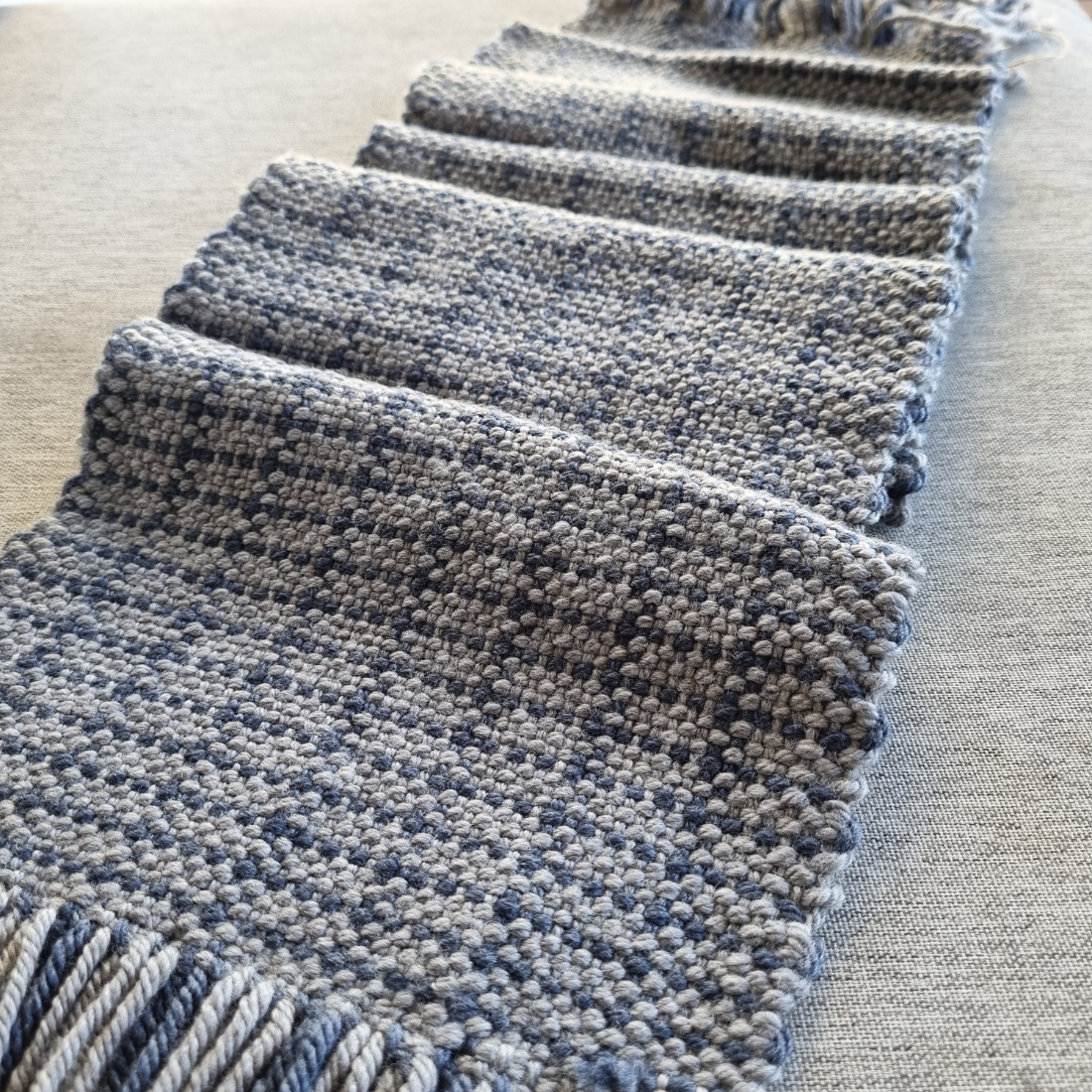 Handwoven merino wool scarf - blue and grey pattern