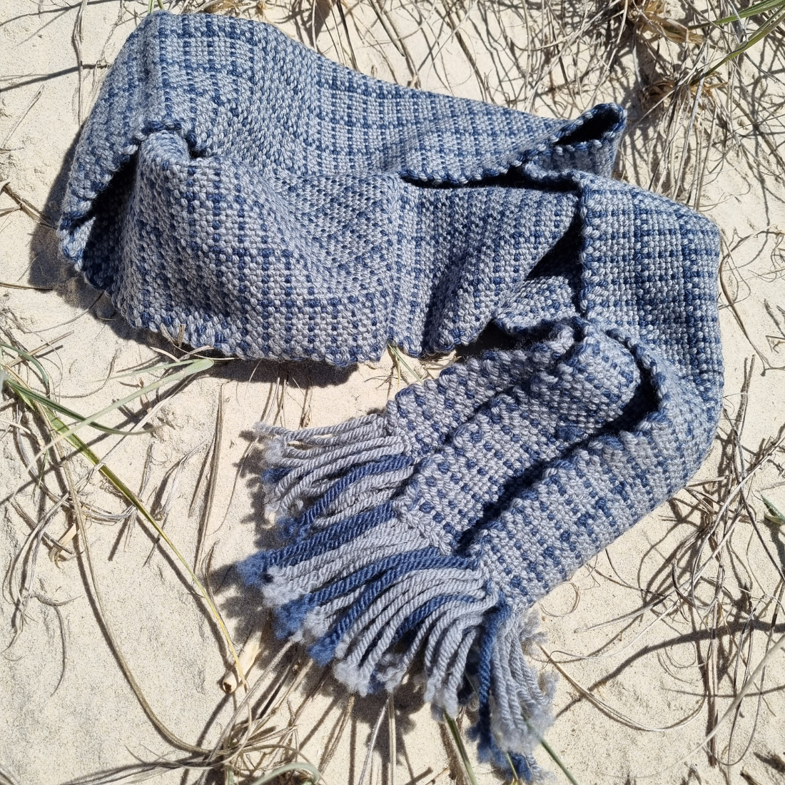 Handwoven merino wool scarf - blue and grey pattern