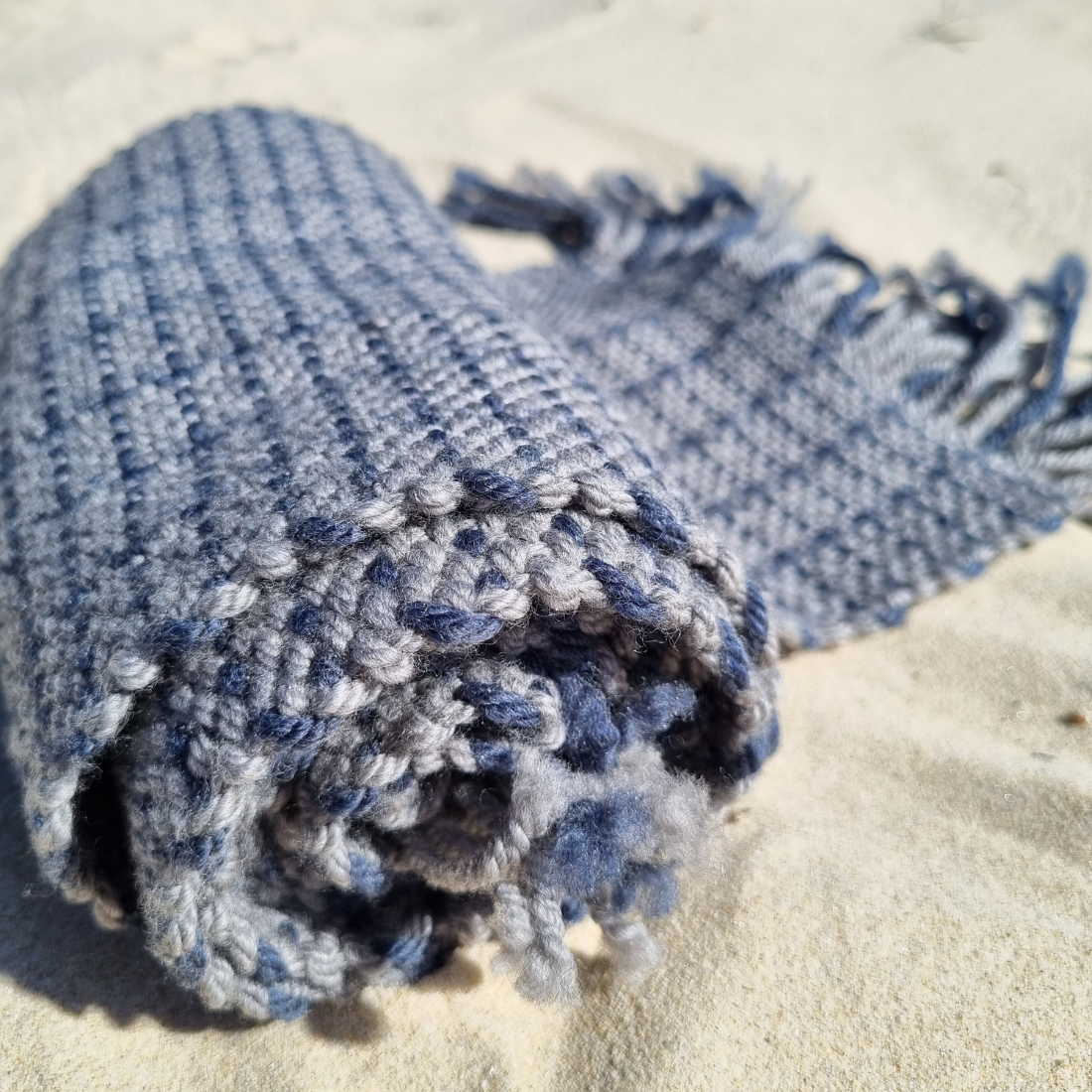 Handwoven merino wool scarf - blue and grey pattern