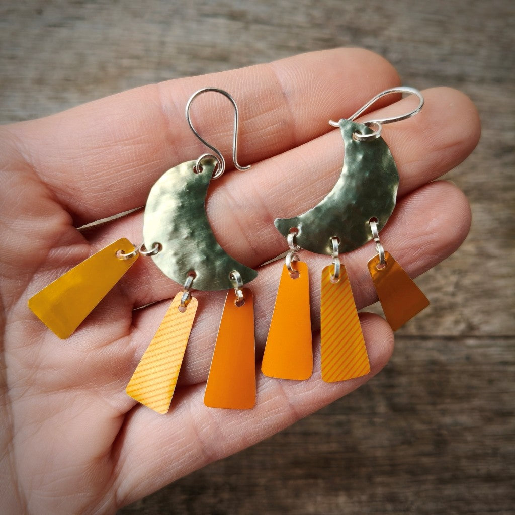 Crescent Moon Earrings - Upcycled - orange