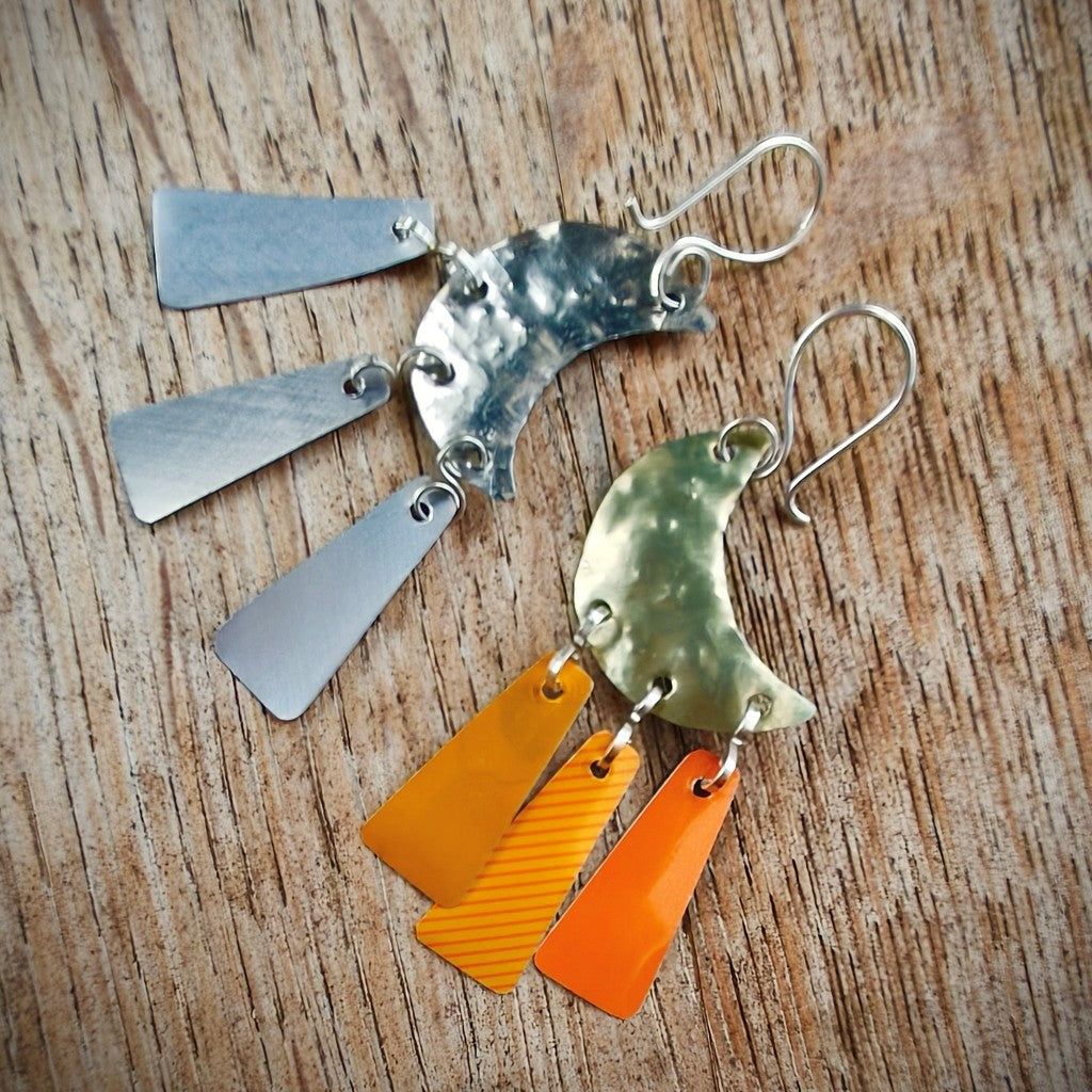 Crescent Moon Earrings - Upcycled - orange