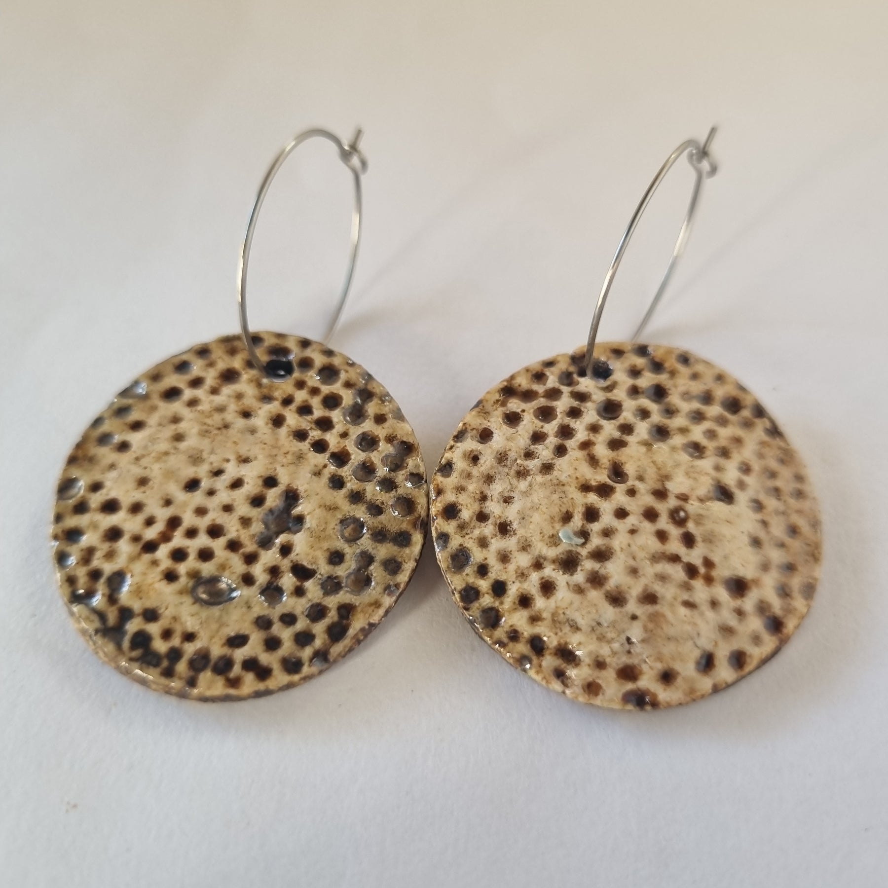 Handmade Stoneware Ceramic Earrings, natural tones multi-coloured, 35mm diameter, pierced ears