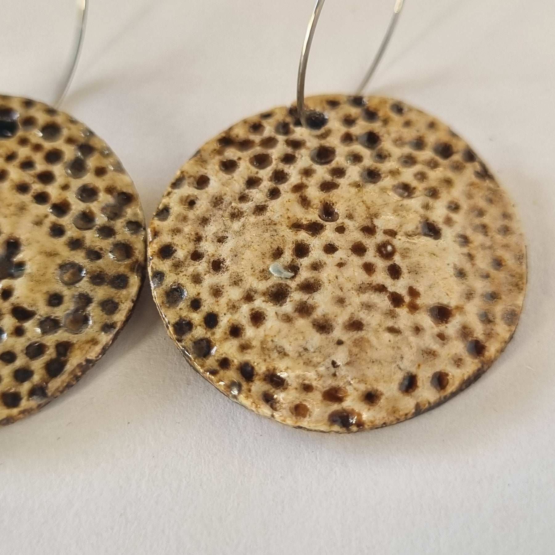 Handmade Stoneware Ceramic Earrings, natural tones multi-coloured, 35mm diameter, pierced ears