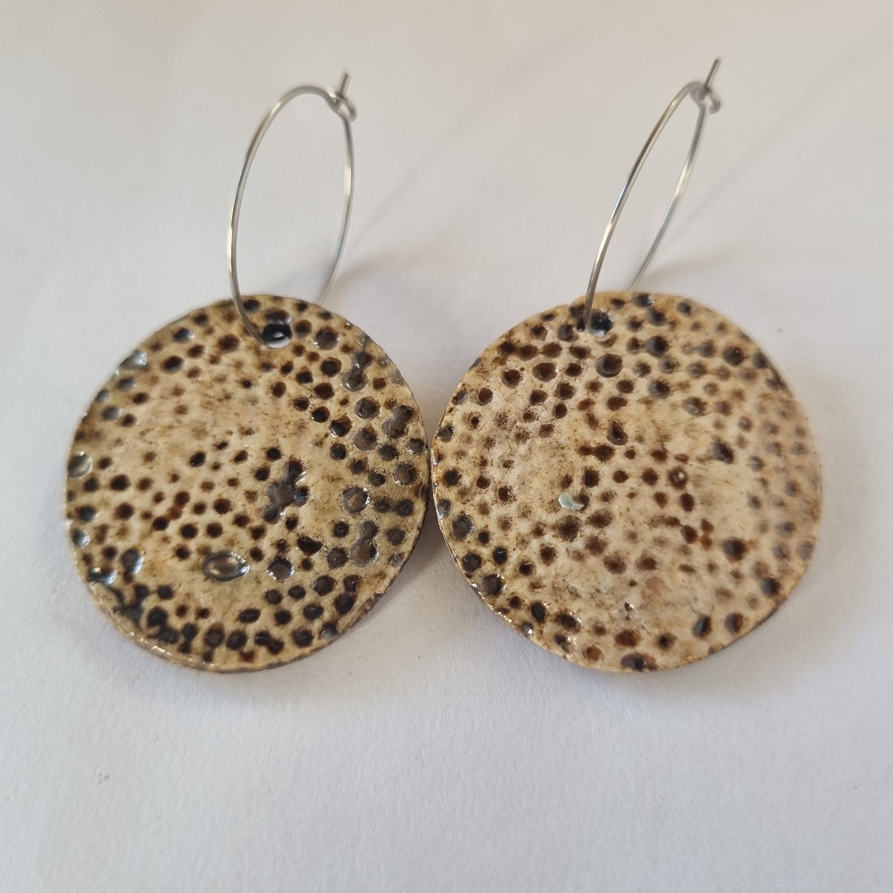 Handmade Stoneware Ceramic Earrings, natural tones multi-coloured, 35mm diameter, pierced ears