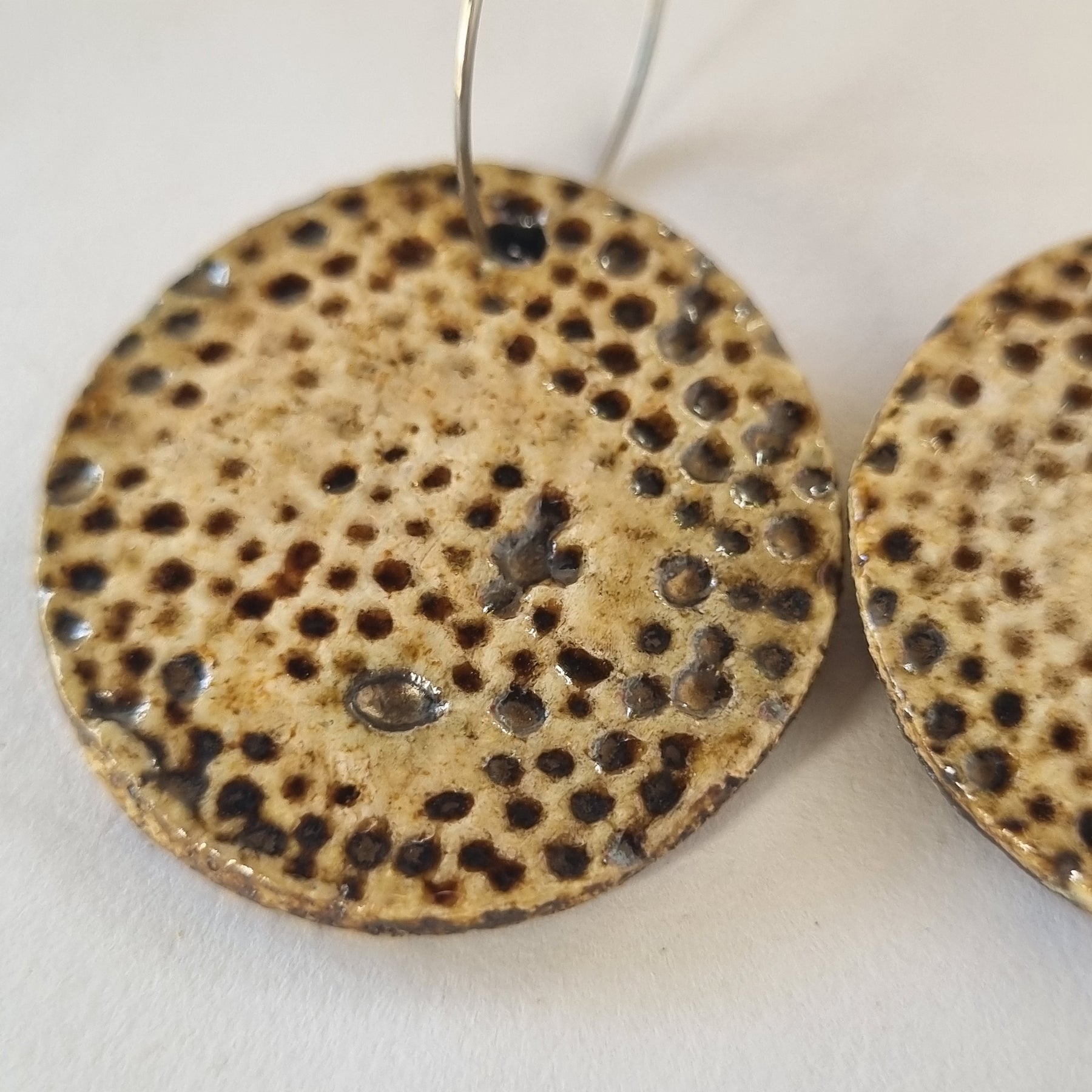 Handmade Stoneware Ceramic Earrings, natural tones multi-coloured, 35mm diameter, pierced ears