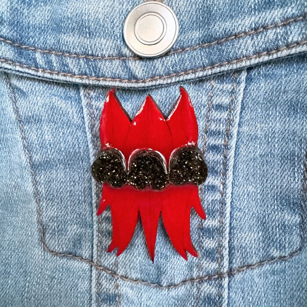 Australian-handmade-sturt-desert-pea-brooch-wood-glitter-resin-on-jacket-light-square