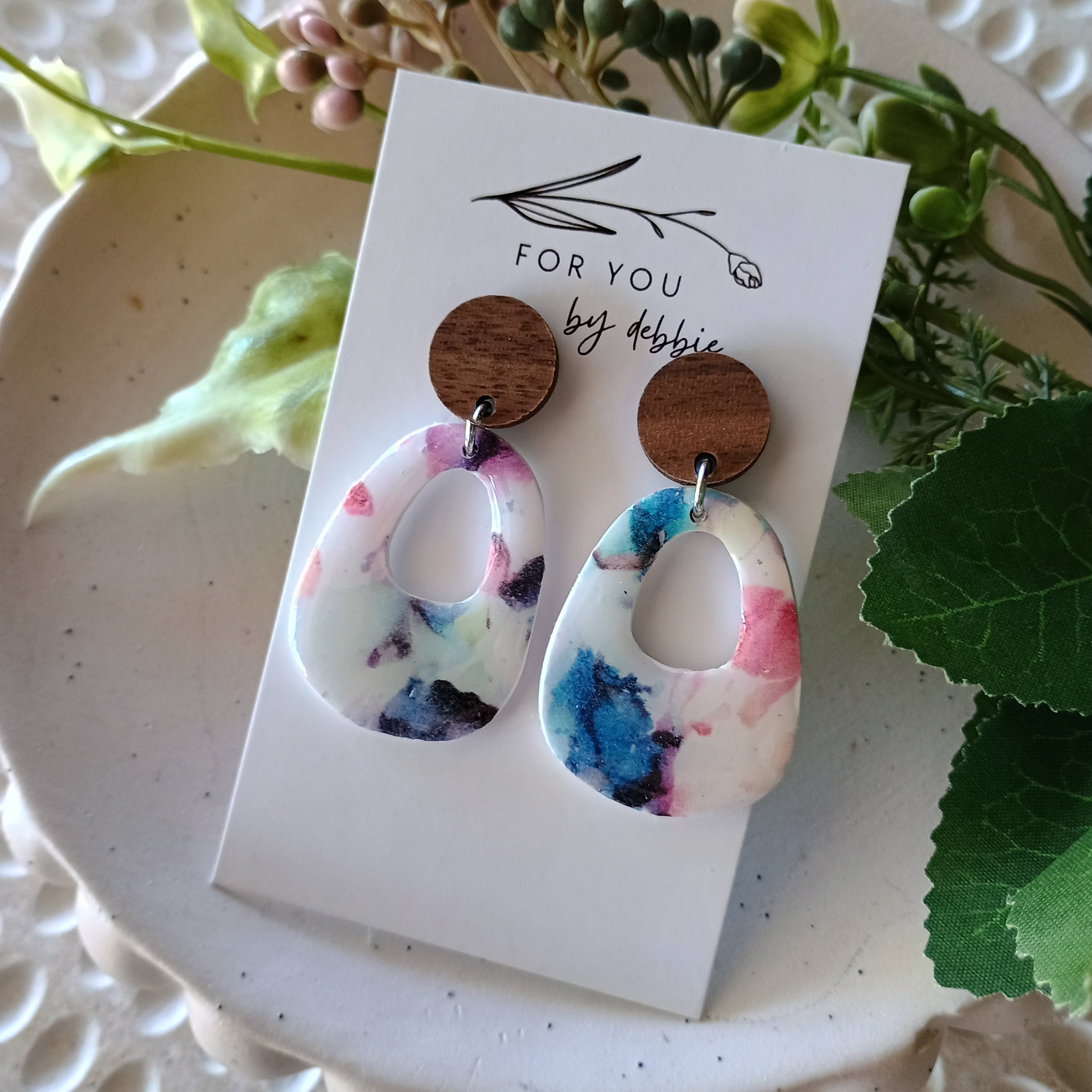 Penny dangle earrings- watercolour and wood stud