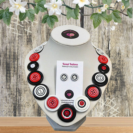 Red White Black Button Necklace and Earrings, Upcycled Jewelry Set