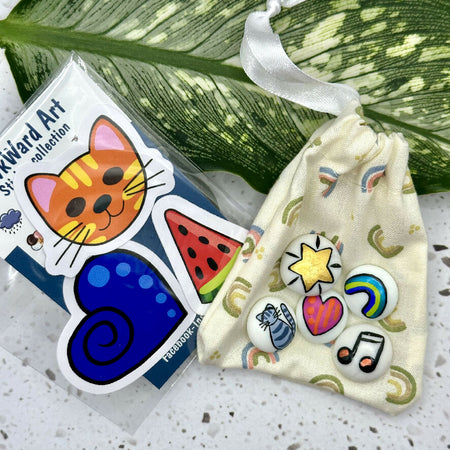 Hand Painted Happiness pebble set - heart rainbow star cat music