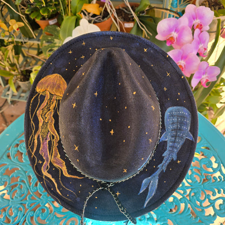 Hand printed colour shifting fedora hat -dreamy galaxy ocean
