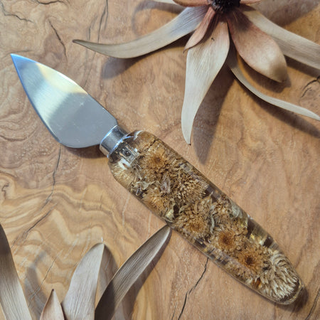Handmade resin cheese knives with inlaid stones or botanicals