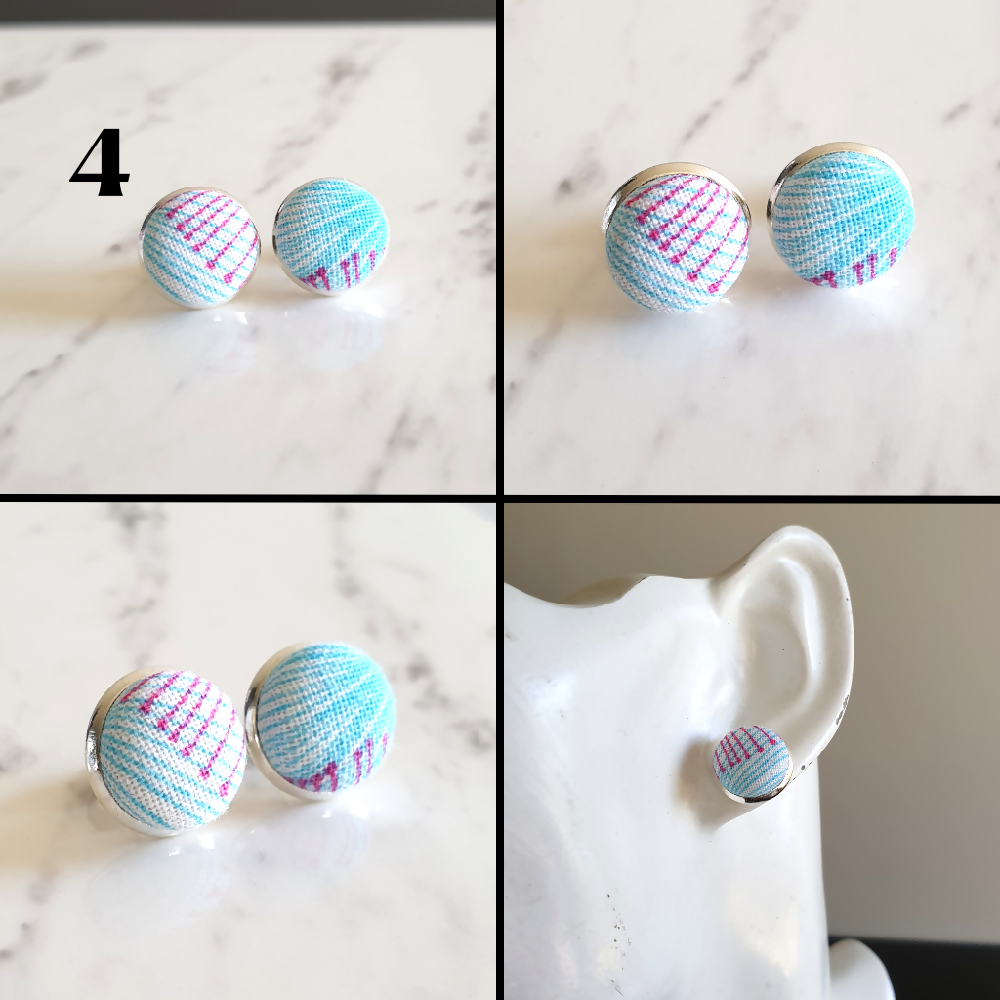 1.4cm Round Colourful Line cotton fabric Silver colour Cabochon stud earrings