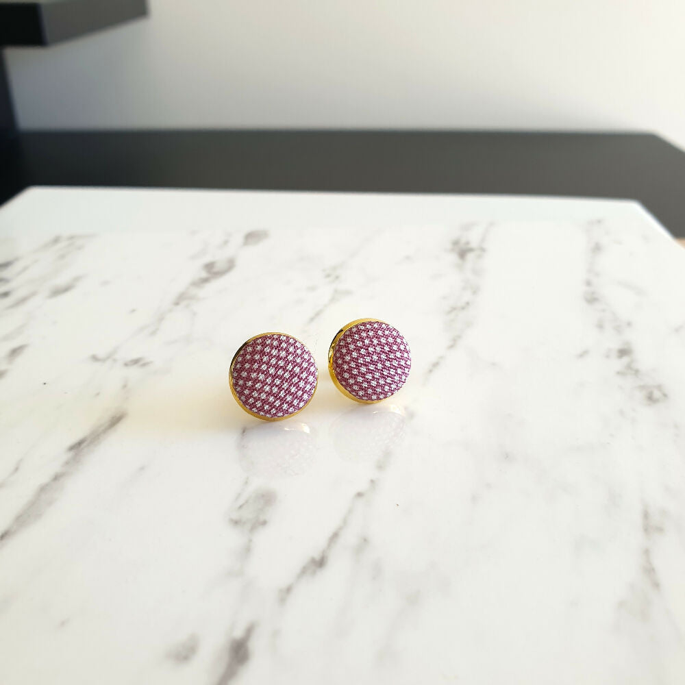 1.4cm Round White dot Purple Kimono Fabric Cabochon stud earrings