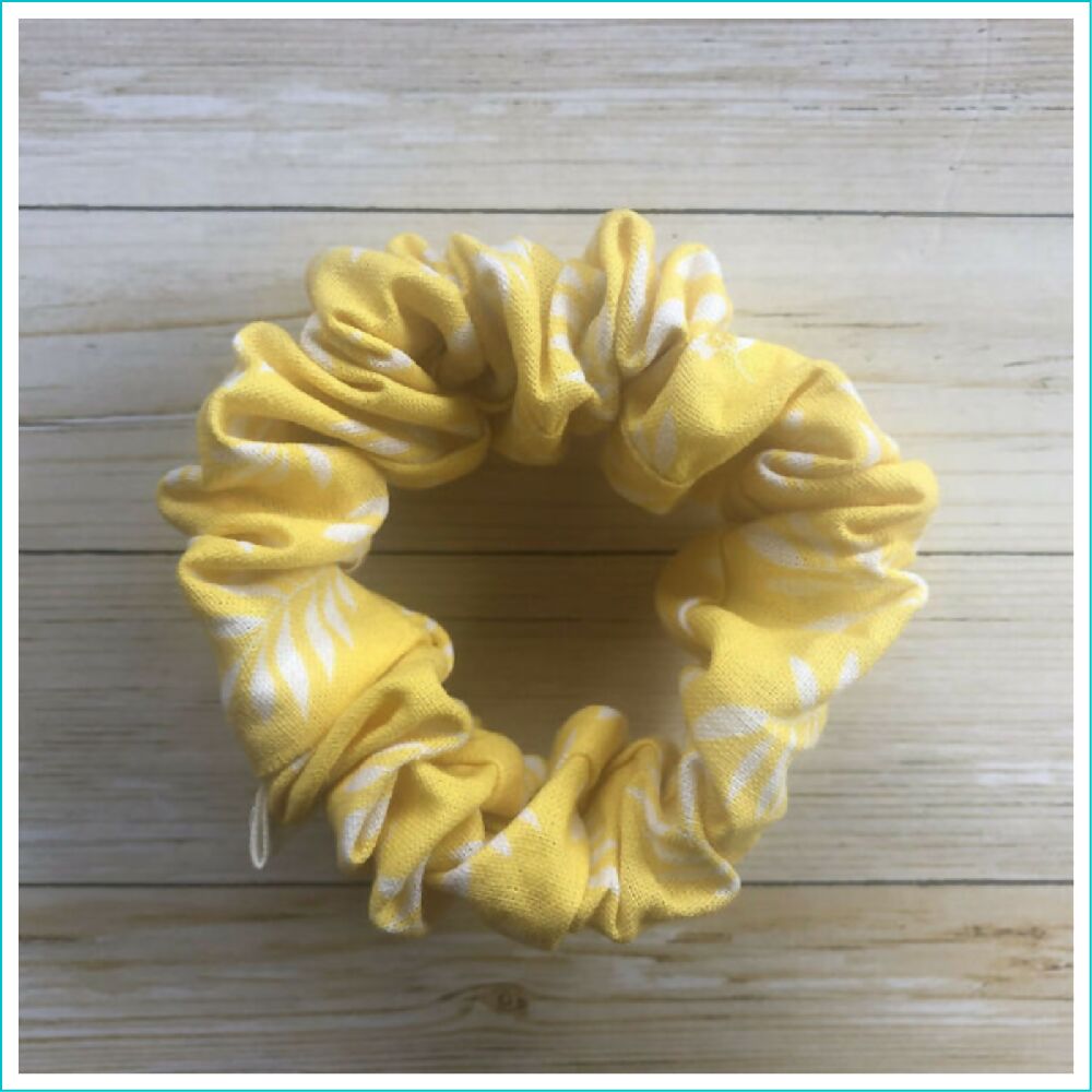 White Flowers Yellow Scrunchie - Wide Elastic - 100% Cotton