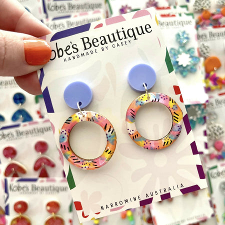 Ellie Dangles, Hand Painted Timber Earrings with Purple Tops