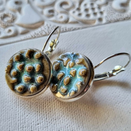 Artisan Ceramic Earrings, Sea blue-green tones, natural clay, black, 16mm diameter, for pierced ears