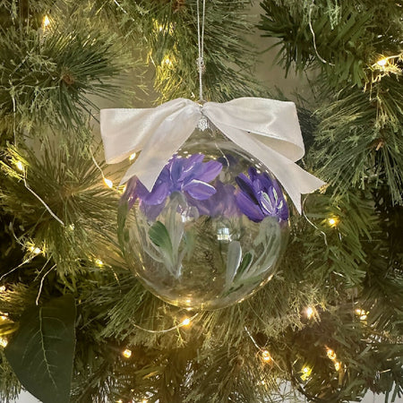 Blown Glass Christmas Bauble Ornament, Hand Painted purple flowers, Unique Gift