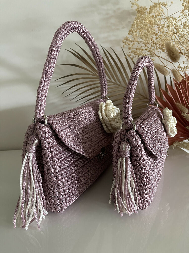 Mum & Daughter Crochet Purse Set, Flower Brooch + Tassel, Special Occasion Gift
