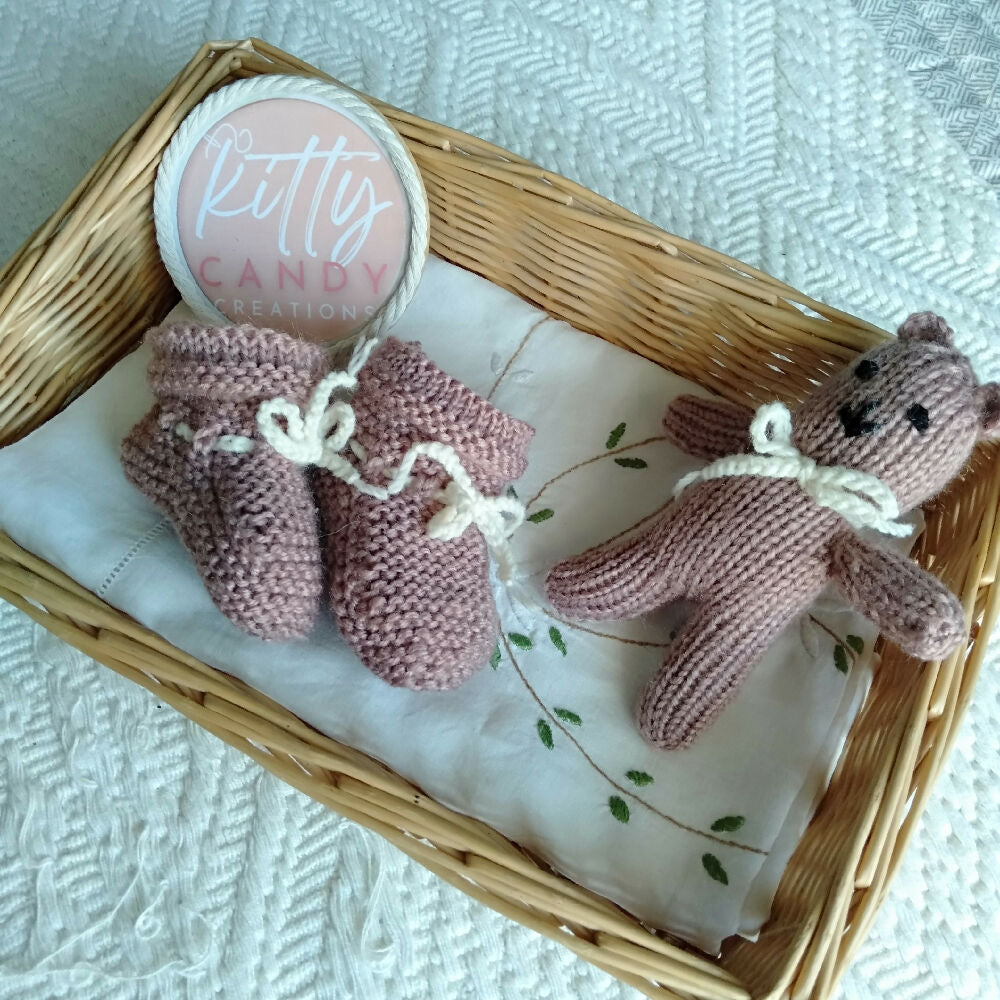 Handmade Knitted Teddy & Booties Set - (multiple colours)