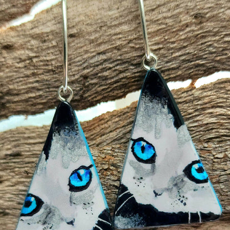 Cat earrings, pet portrait earrings, handpainted, handcarved