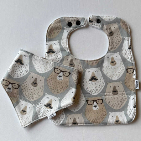 Bear Print Bib Set – Large Feeding Bib & Dribble Bib
