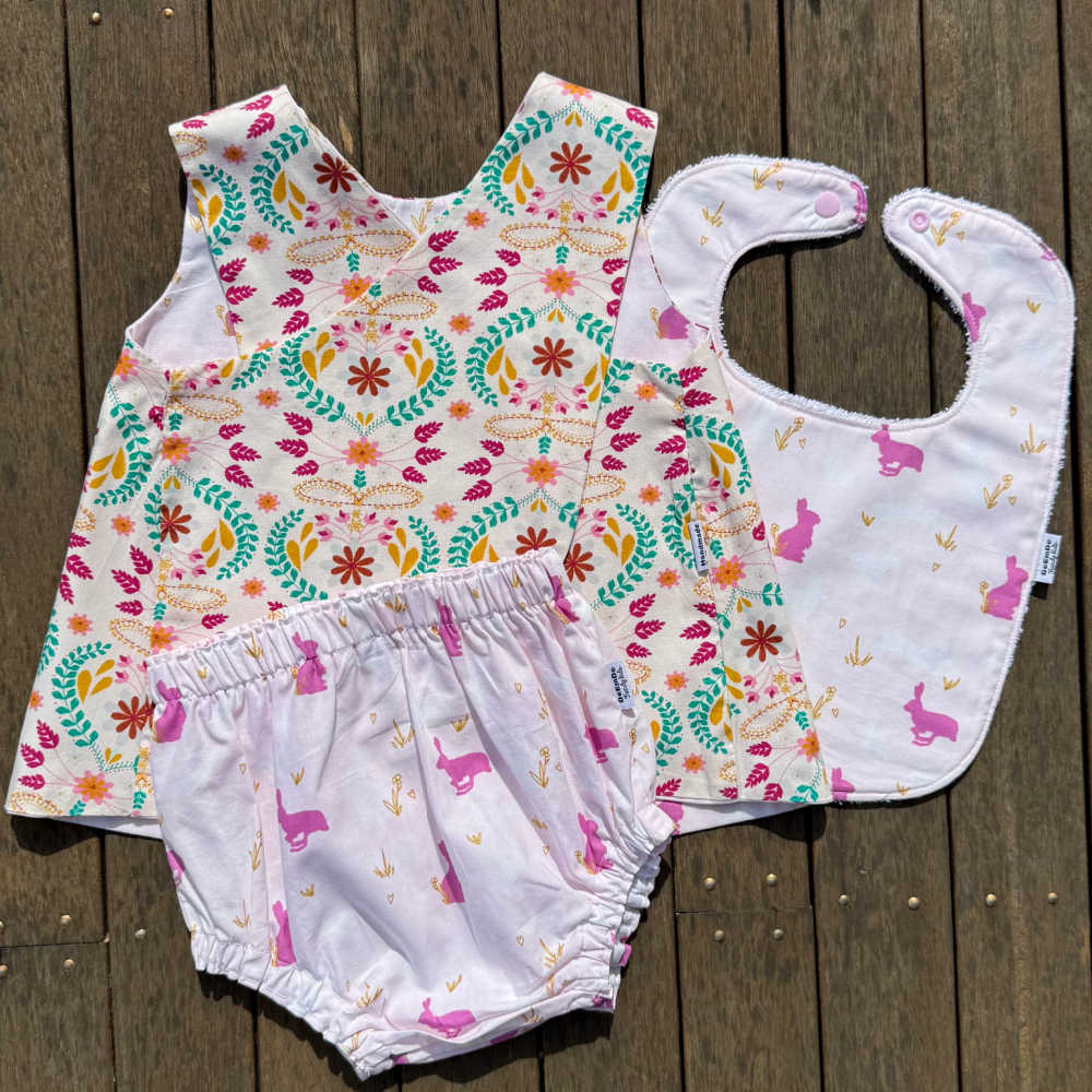 Handmade Reversible Baby Girl Set | Top, Bloomers, Bib | Size 1